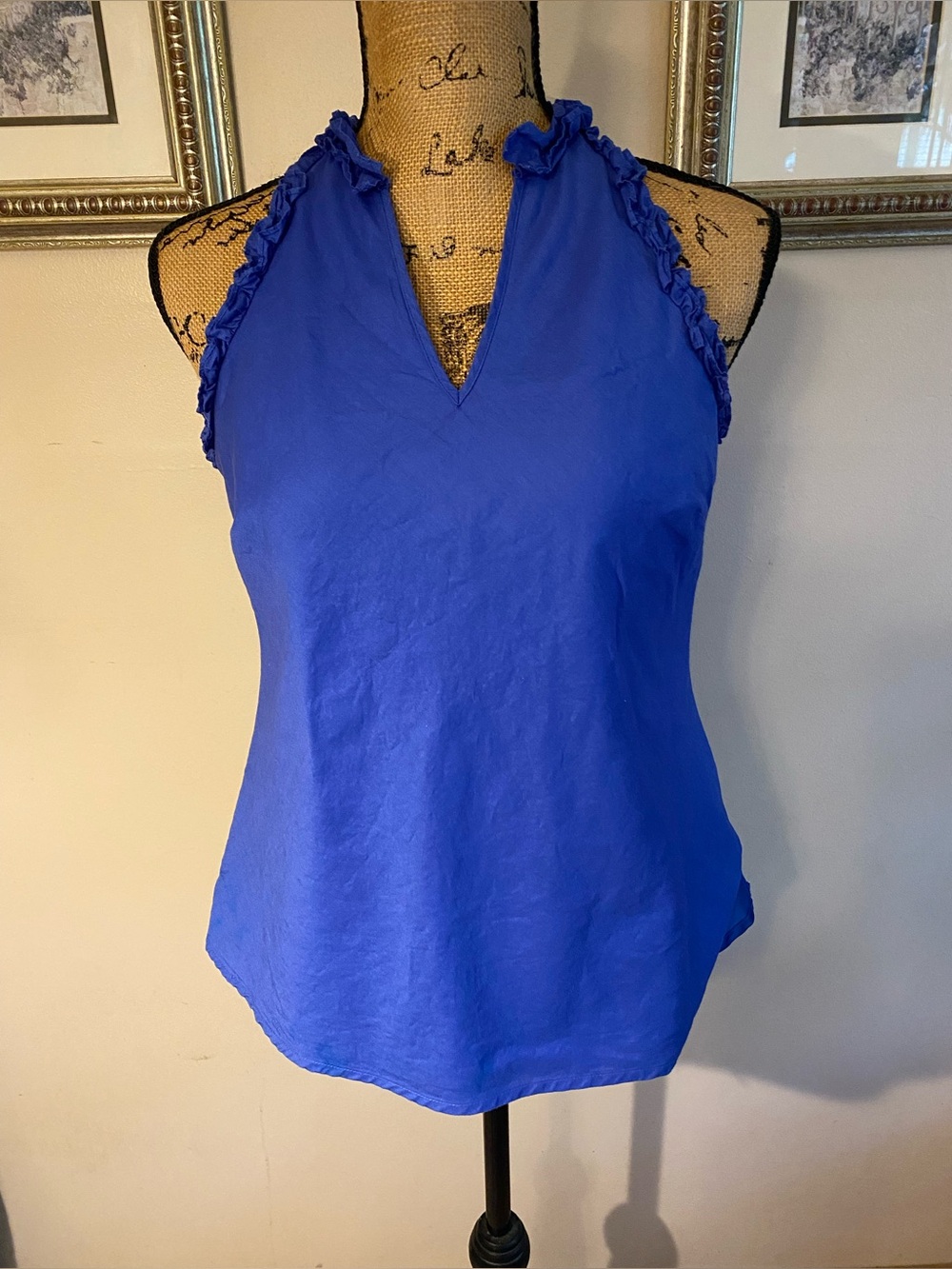 Madison Blouse Women’s Petite Small Blue Ruffle V-Neck Cotton Sleeveless Lined